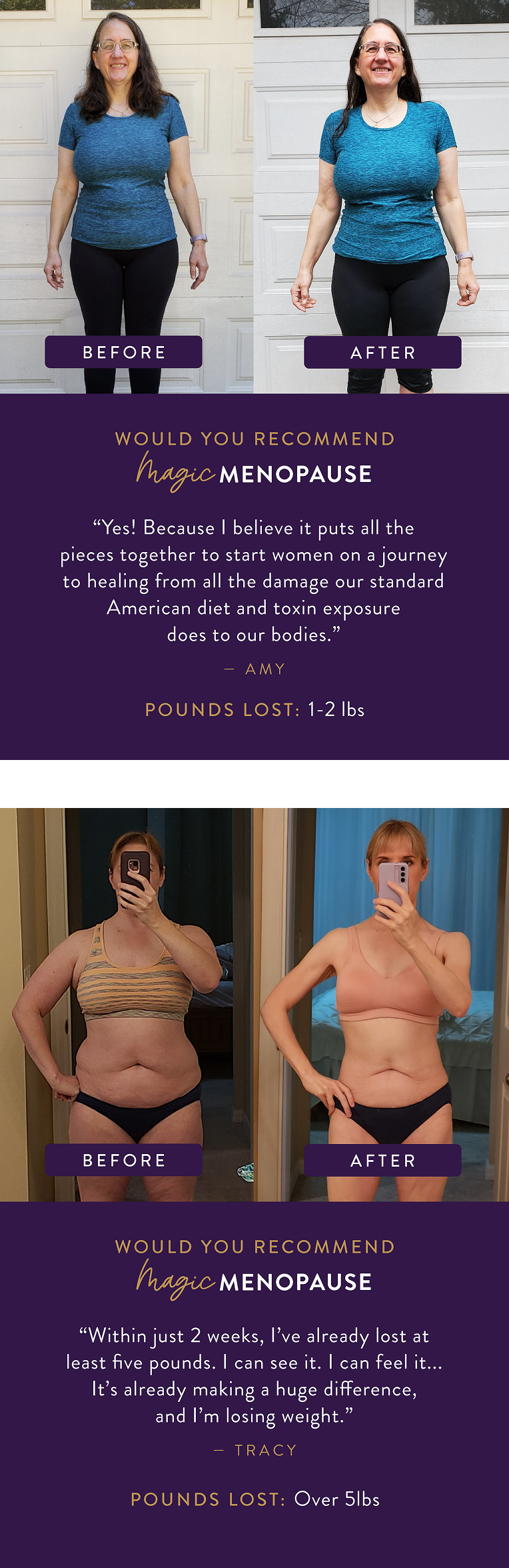 Before and after images of a woman using Magic Menopause, with text on weight loss and user testimonials.