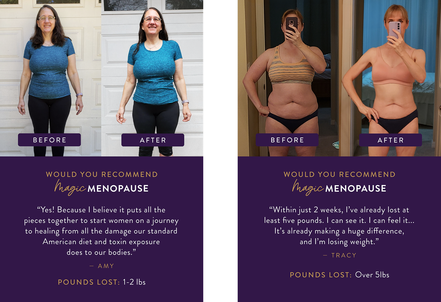 Before and after images of a woman using Magic Menopause, with text on weight loss and user testimonials.